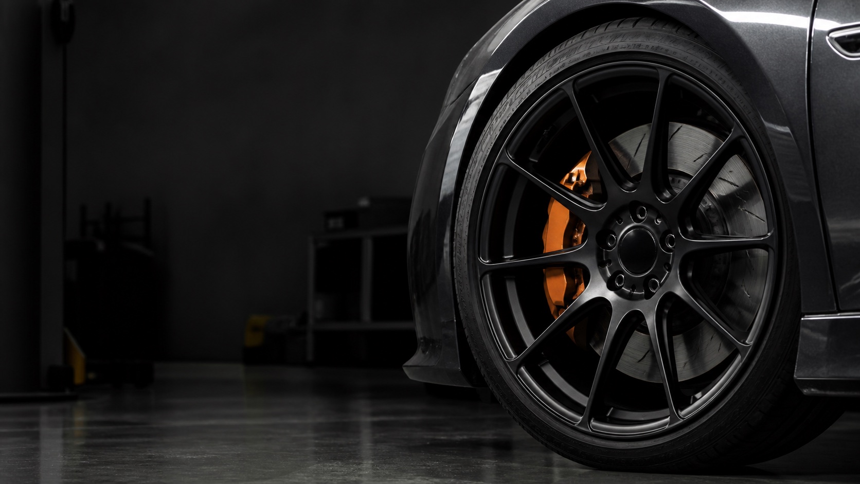 Close-up alloy wheel and brake assembly